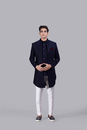 NAVY BLUE VELVET THREAD WORK INDOWESTERN