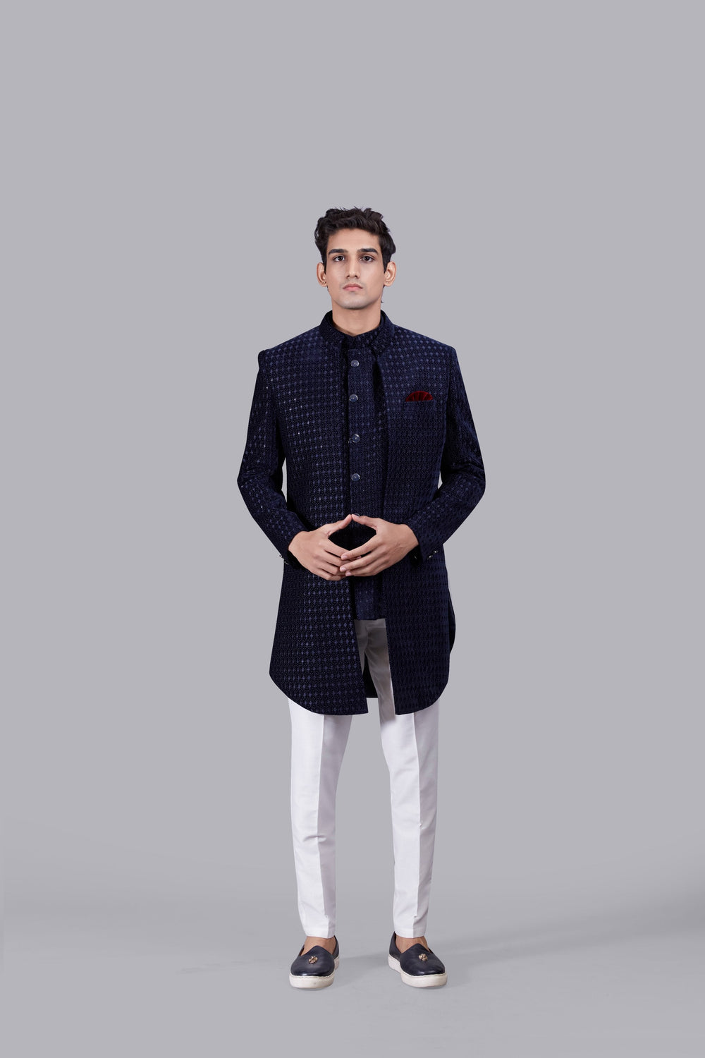 NAVY BLUE VELVET THREAD WORK INDOWESTERN