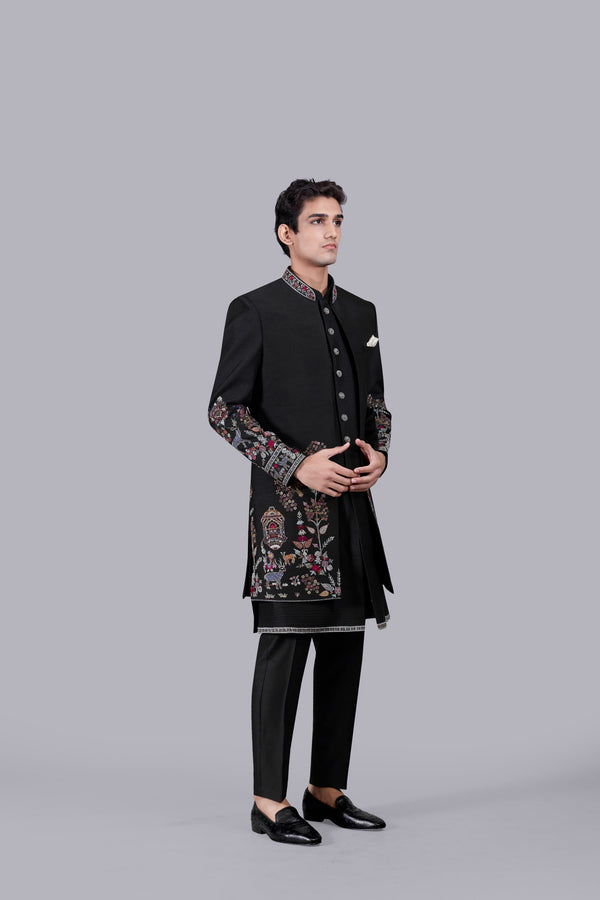 BLACK BHAGALPURI SILK EMBROIDERY WORK INDOWESTERN