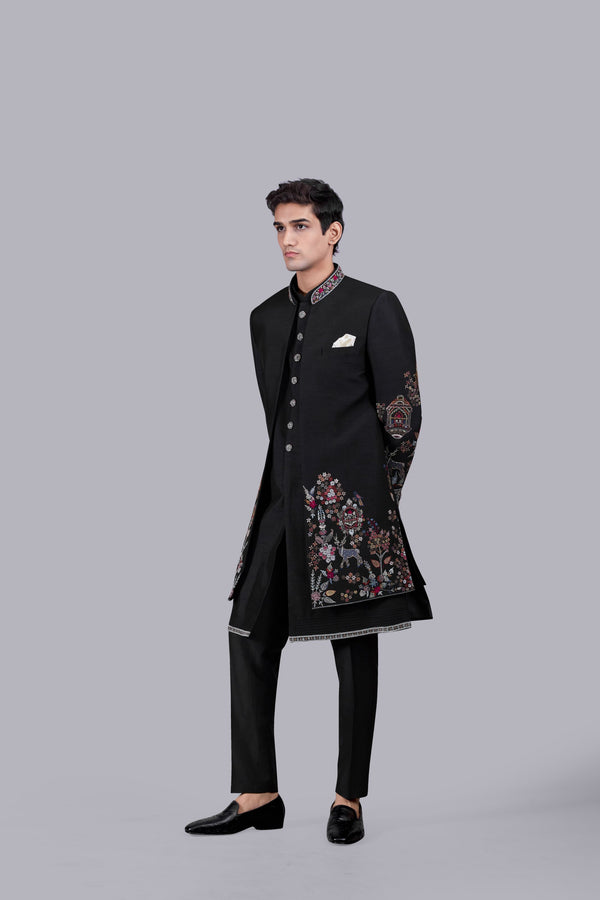 BLACK BHAGALPURI SILK EMBROIDERY WORK INDOWESTERN