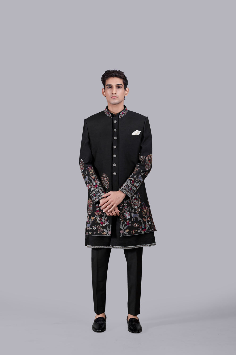 BLACK BHAGALPURI SILK EMBROIDERY WORK INDOWESTERN