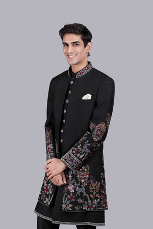 BLACK BHAGALPURI SILK EMBROIDERY WORK INDOWESTERN