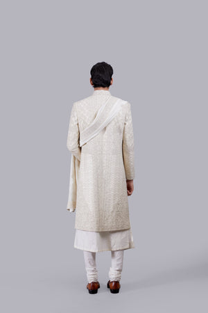 CREAM TISSUE SILK CUTDANA WORK SHERWANI