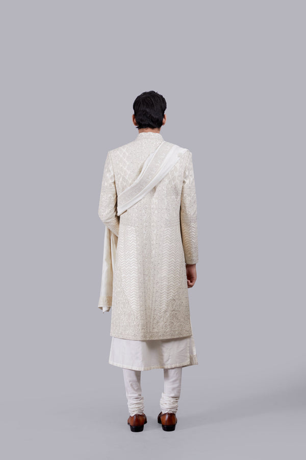 CREAM TISSUE SILK CUTDANA WORK SHERWANI