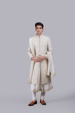 CREAM TISSUE SILK CUTDANA WORK SHERWANI