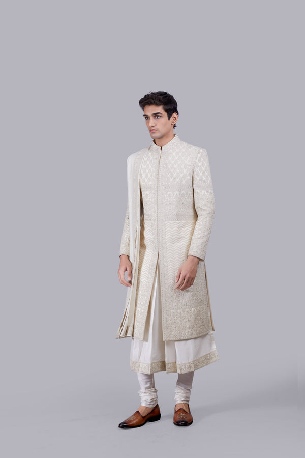 CREAM TISSUE SILK CUTDANA WORK SHERWANI