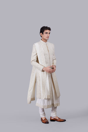 CREAM TISSUE SILK CUTDANA WORK SHERWANI