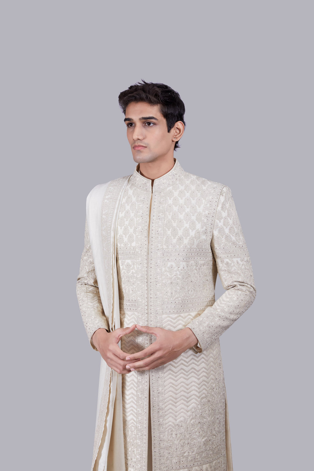 CREAM TISSUE SILK CUTDANA WORK SHERWANI