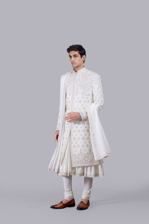 CREAM BHAGALPURI SILK ZARDOSI WORK SHERWANI