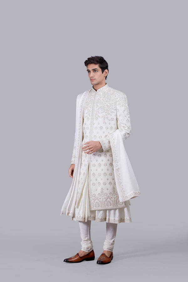 CREAM BHAGALPURI SILK ZARDOSI WORK SHERWANI