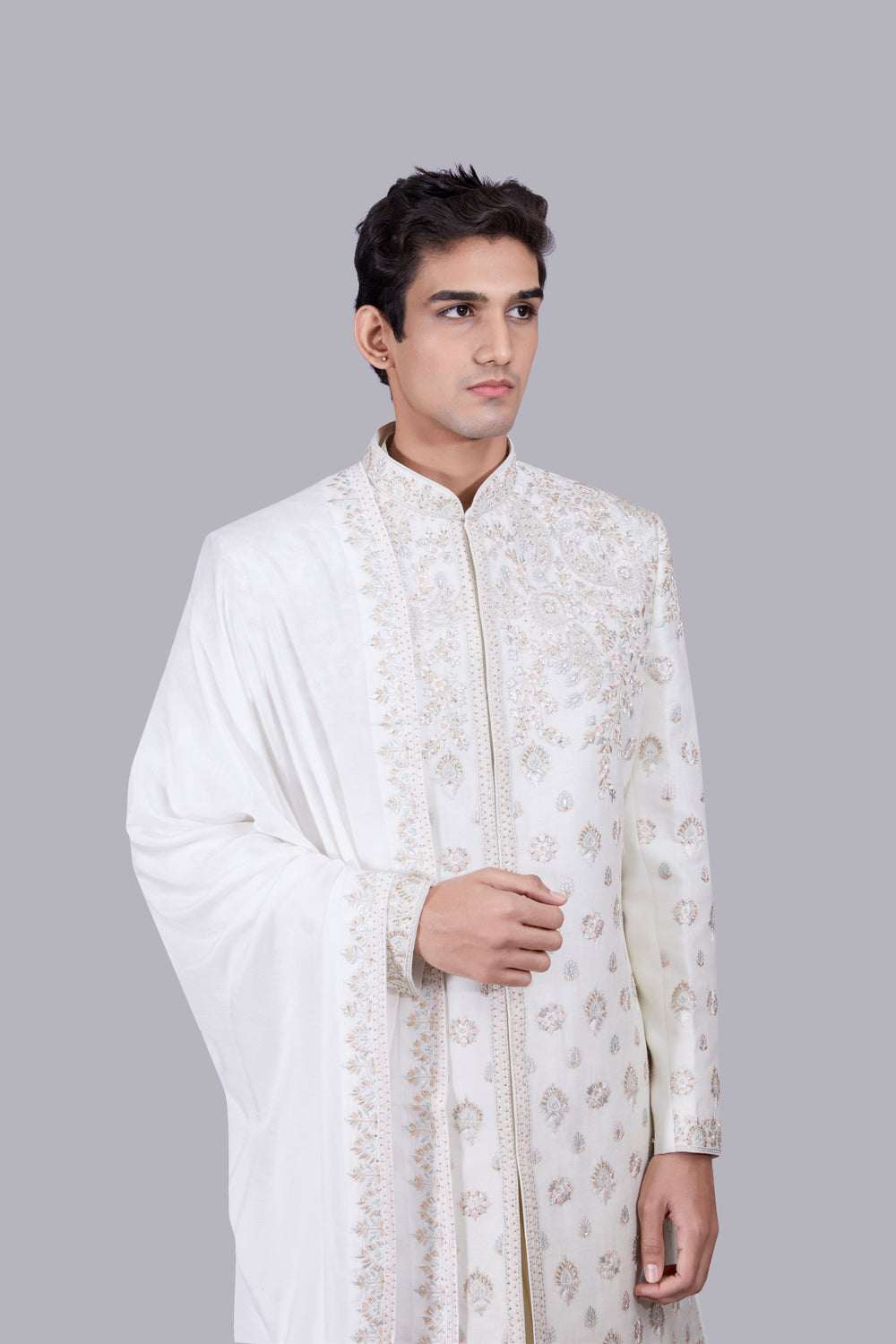 CREAM BHAGALPURI SILK ZARDOSI WORK SHERWANI