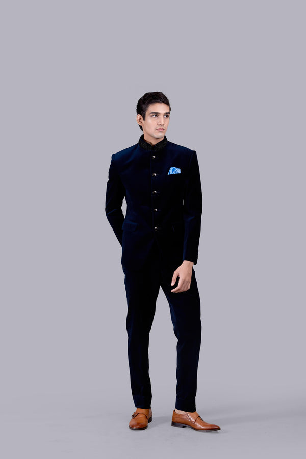 NAVY BLUE ITALIAN COTTON VELVET PEARL WORK JODHPURI