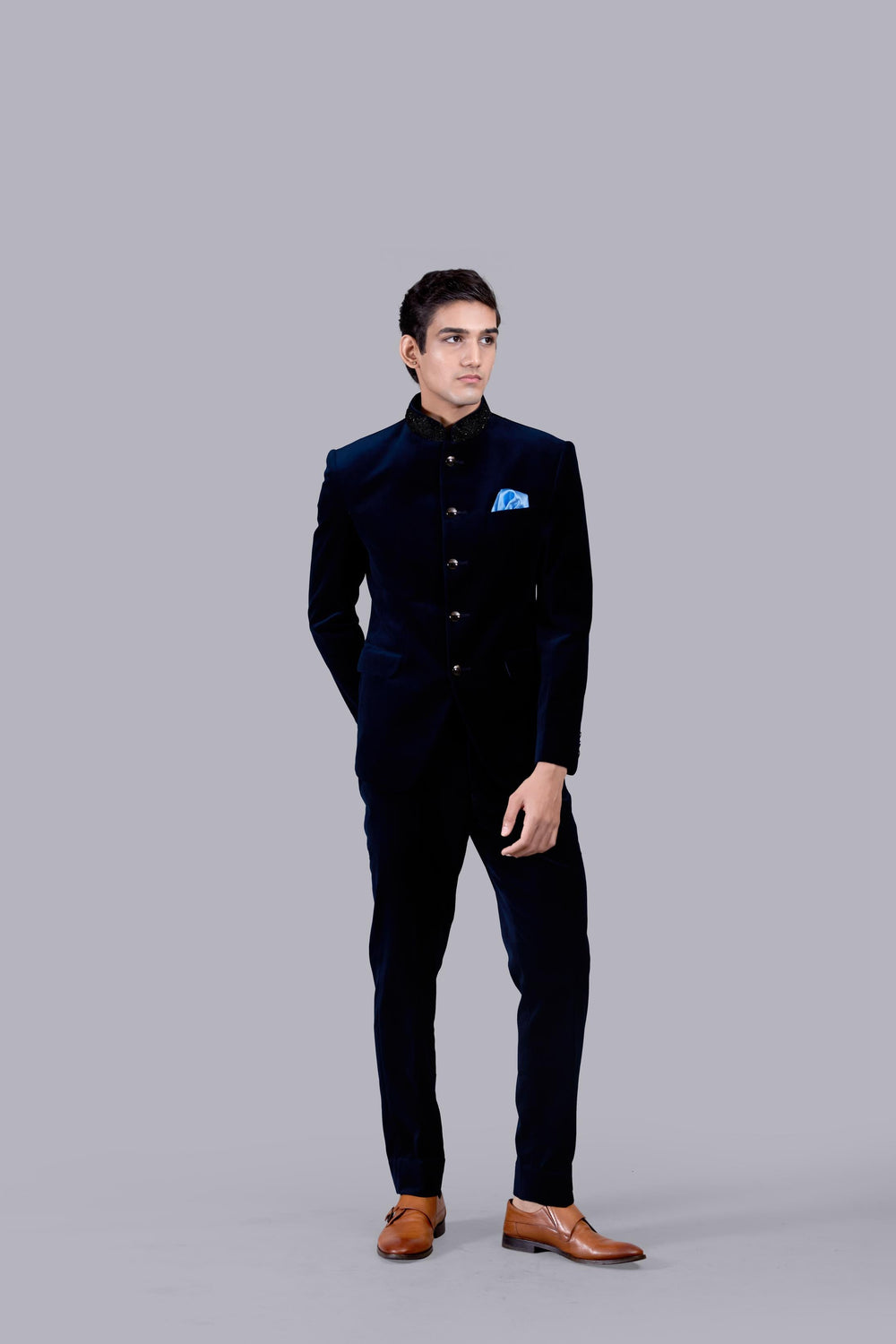 NAVY BLUE ITALIAN COTTON VELVET PEARL WORK JODHPURI