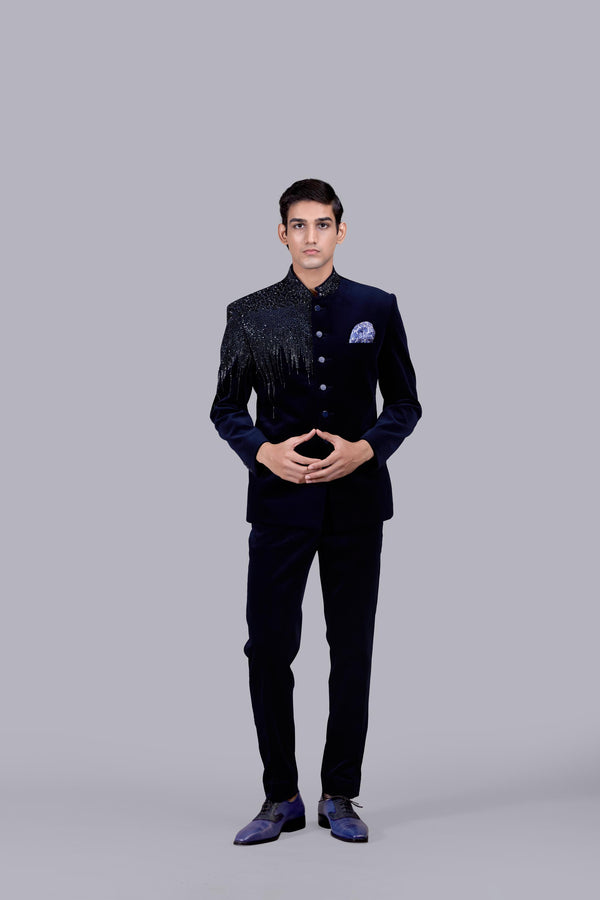 NAVY BLUE ITALIAN COTTON VELVET METAL WORK JODHPURI