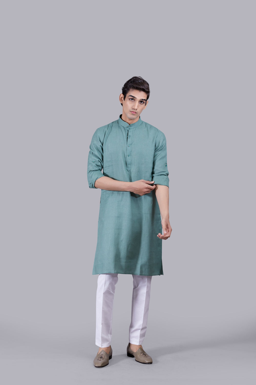 LIGHT TEAL BLUE LINEN KURTA SET