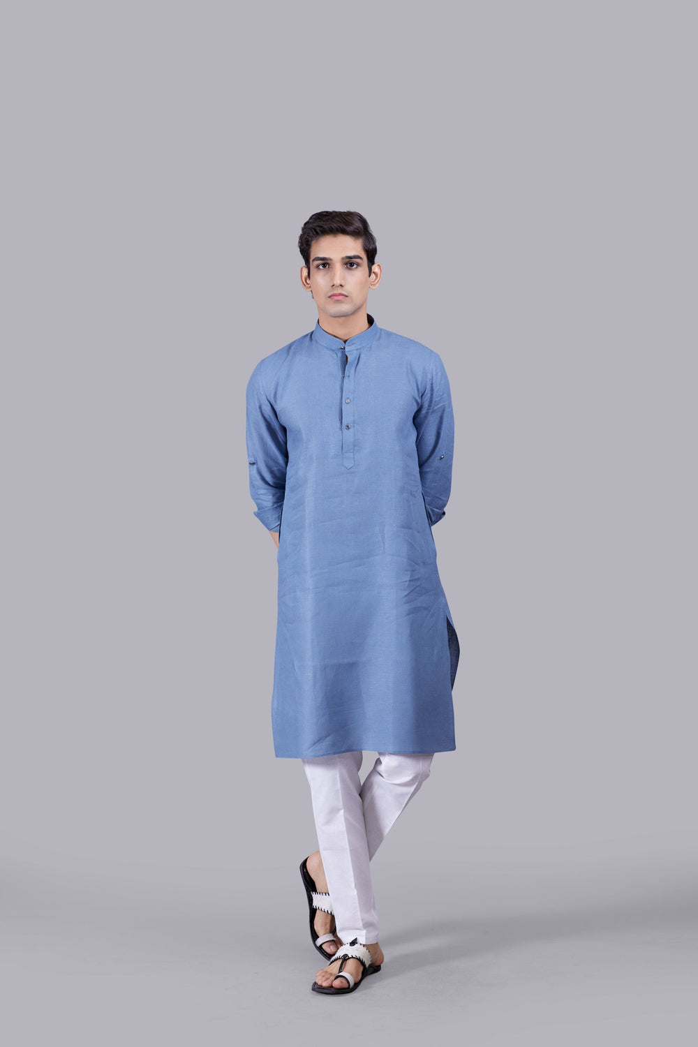 DARK POWDER BLUE LINEN KURTA SET