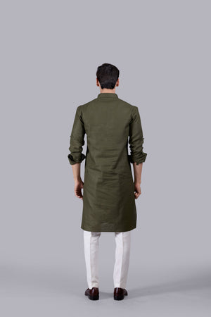 MEHNDI GREEN LINEN KURTA SET