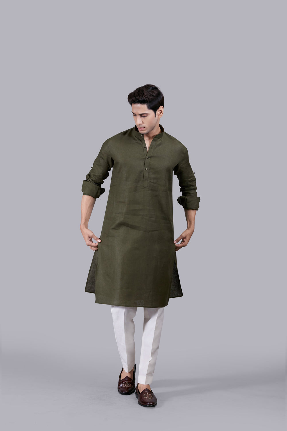 MEHNDI GREEN LINEN KURTA SET