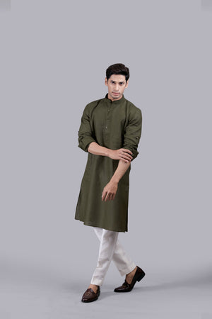 MEHNDI GREEN LINEN KURTA SET