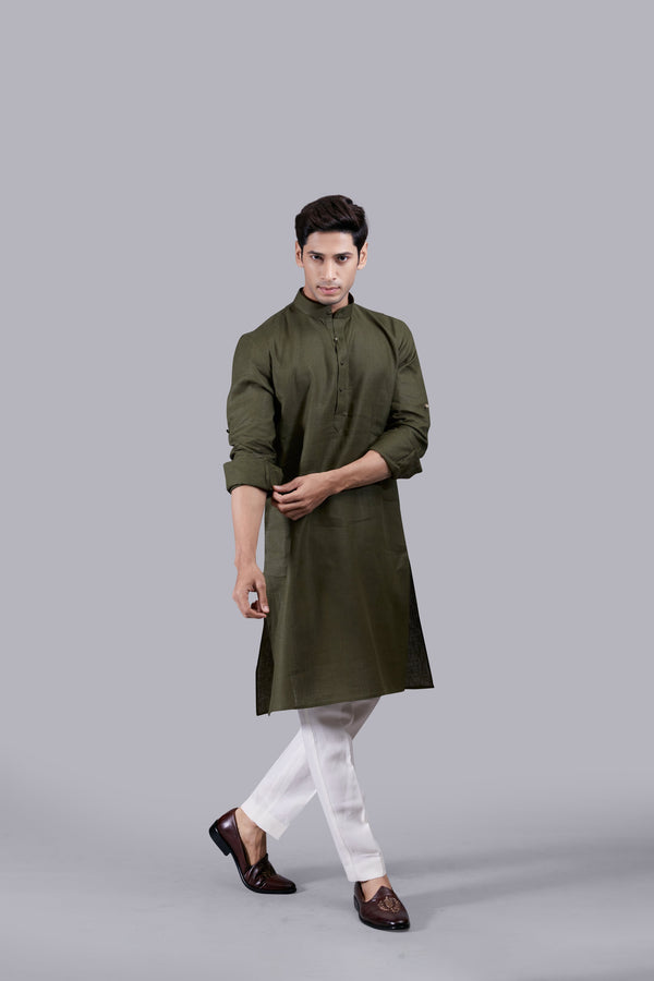 MEHNDI GREEN LINEN KURTA SET