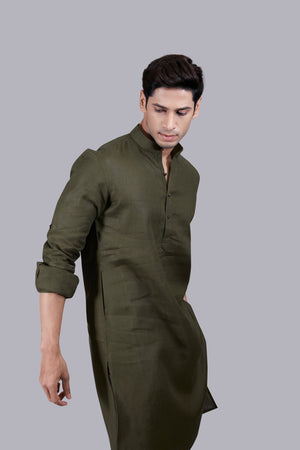 MEHNDI GREEN LINEN KURTA SET