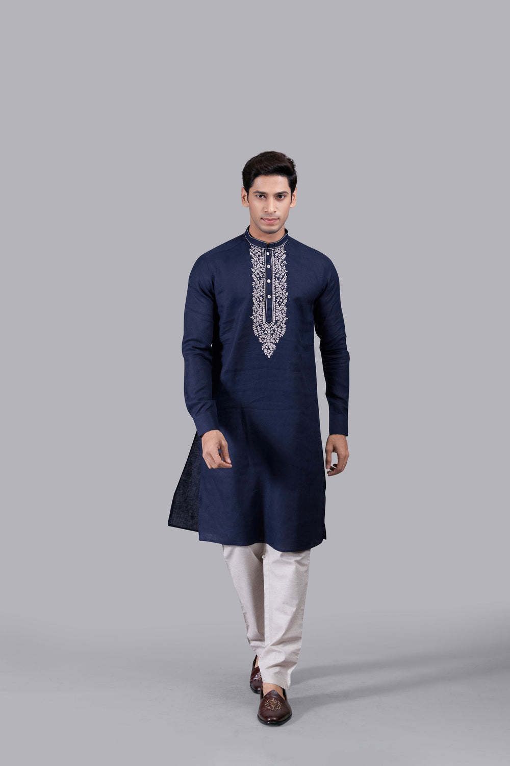 NAVY BLUE LINEN THREAD WORK KURTA SET