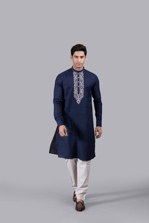 NAVY BLUE LINEN THREAD WORK KURTA SET