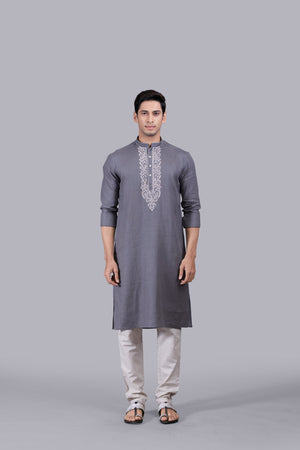 GREY LINEN THREAD WORK KURTA SET