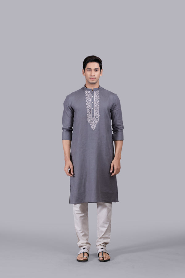 GREY LINEN THREAD WORK KURTA SET