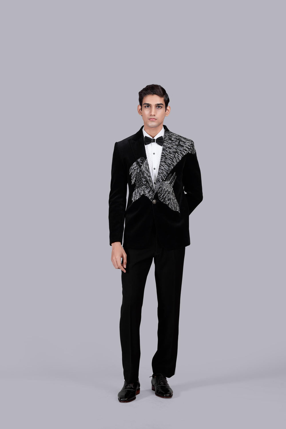 BLACK ITALIAN COTTON VELVET SEQUENCE WORK SUIT