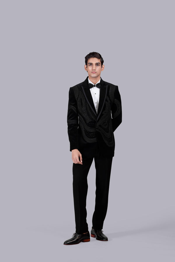 BLACK ITALIAN COTTON VELVET  FRENCH KNOT WORK SUIT