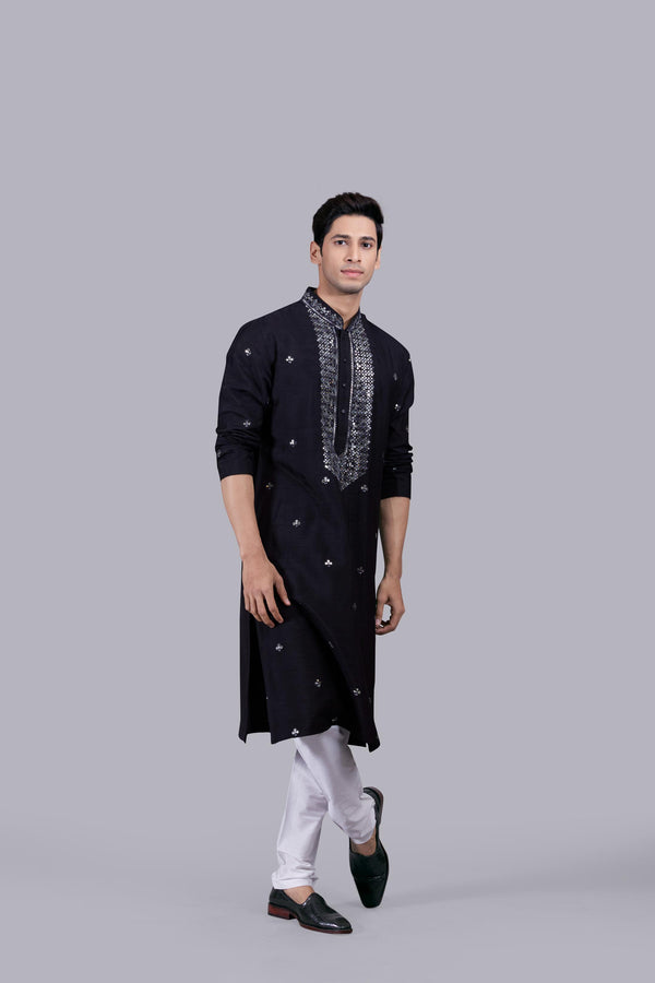 BLACK SILK THREAD WORK KURTA SET