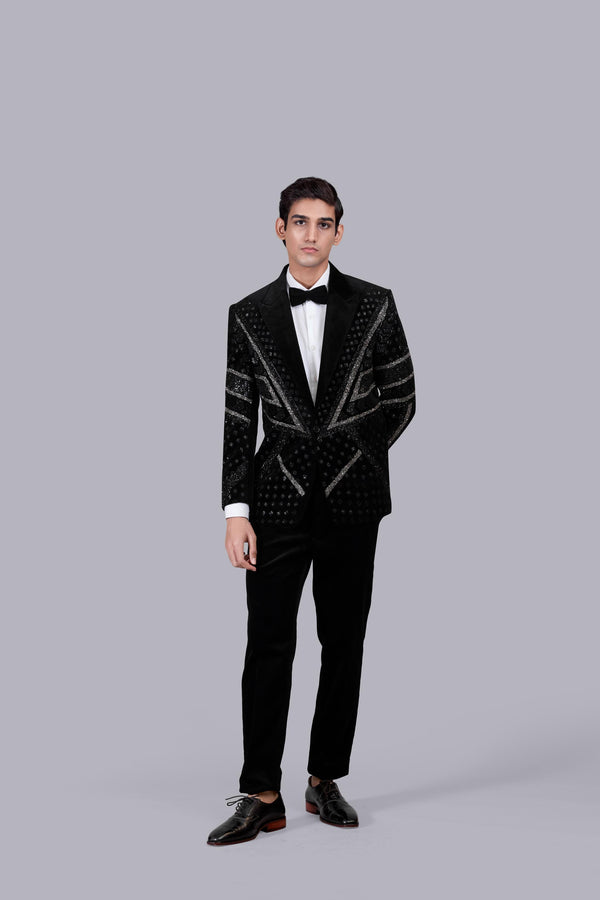 BLACK ITALIAN COTTON VELVET HAND WORK SUIT