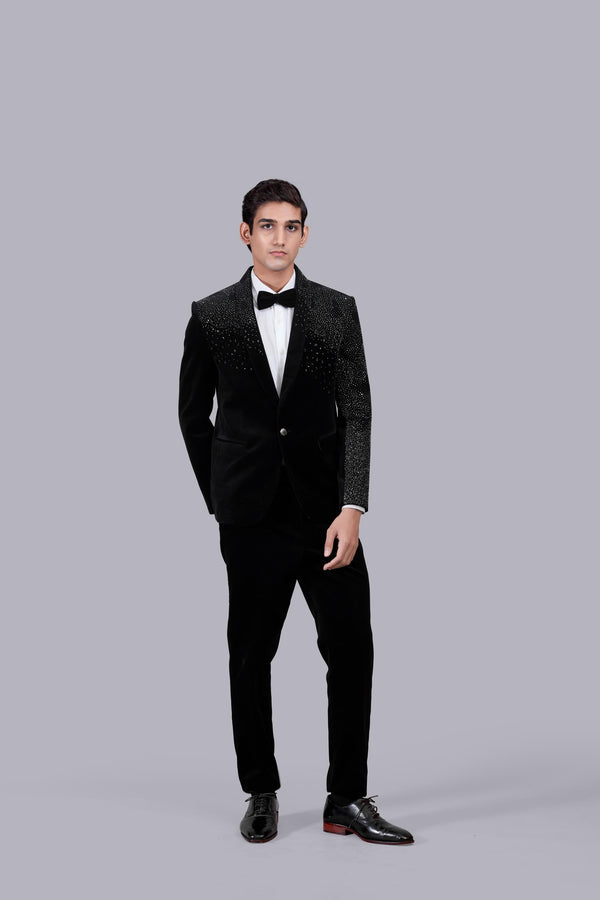 BLACK ITALIAN COTTON VELVET PEARL WORK SUIT