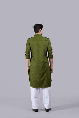 MEHNDI GREEN COTTON SILK PATHANI KURTA SET