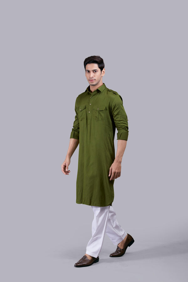 MEHNDI GREEN COTTON SILK PATHANI KURTA SET