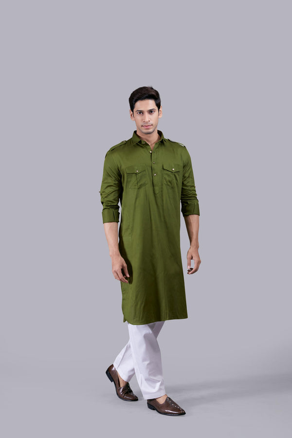 MEHNDI GREEN COTTON SILK PATHANI KURTA SET