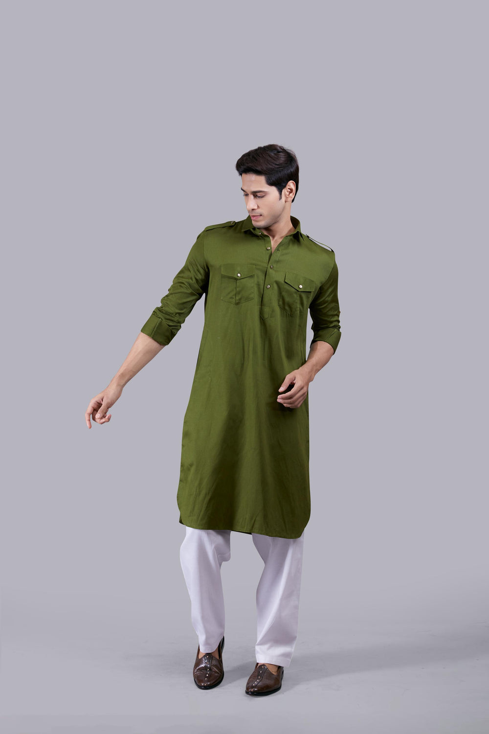 MEHNDI GREEN COTTON SILK PATHANI KURTA SET