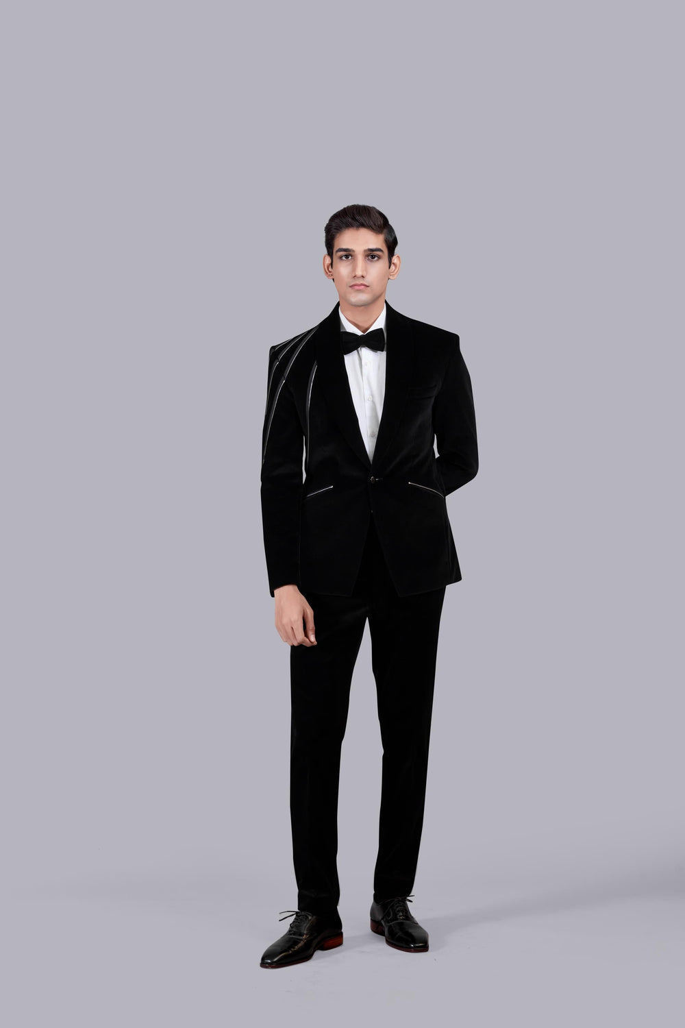 BLACK ITALIAN COTTON VELVET LEATHER PIPING SUIT