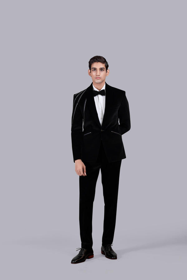 BLACK ITALIAN COTTON VELVET LEATHER PIPING SUIT