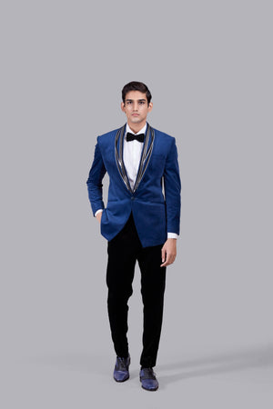 BLUE ITALIAN COTTON VELVET LEATHER PIPING SUIT