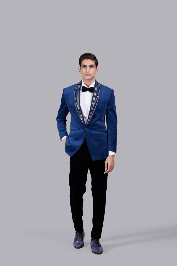 BLUE ITALIAN COTTON VELVET LEATHER PIPING SUIT