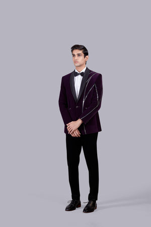 WINE ITALIAN COTTON VELVET LEATHER PIPING SUIT
