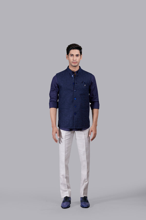 BLUE LINEN EMBROIDERY WORK NEHRU JACKET