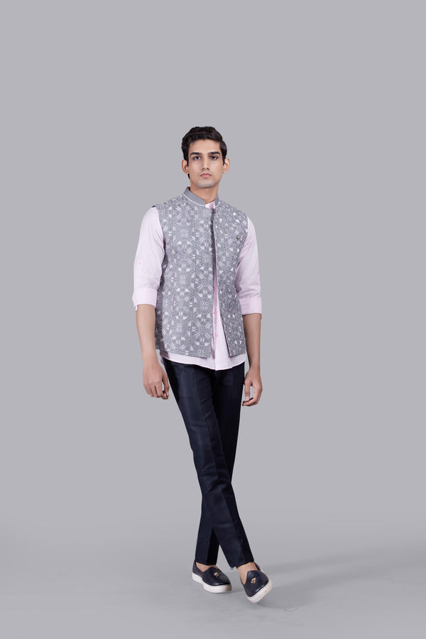 GREY PINK LINEN EMBROIDERY WORK NEHRU JACKET