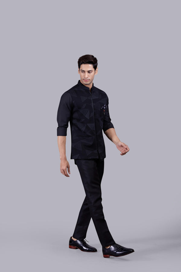 BLACK HOSIERY COTTON DIGITAL PRINT NEHRU JACKET