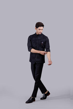 BLACK HOSIERY COTTON DIGITAL PRINT NEHRU JACKET