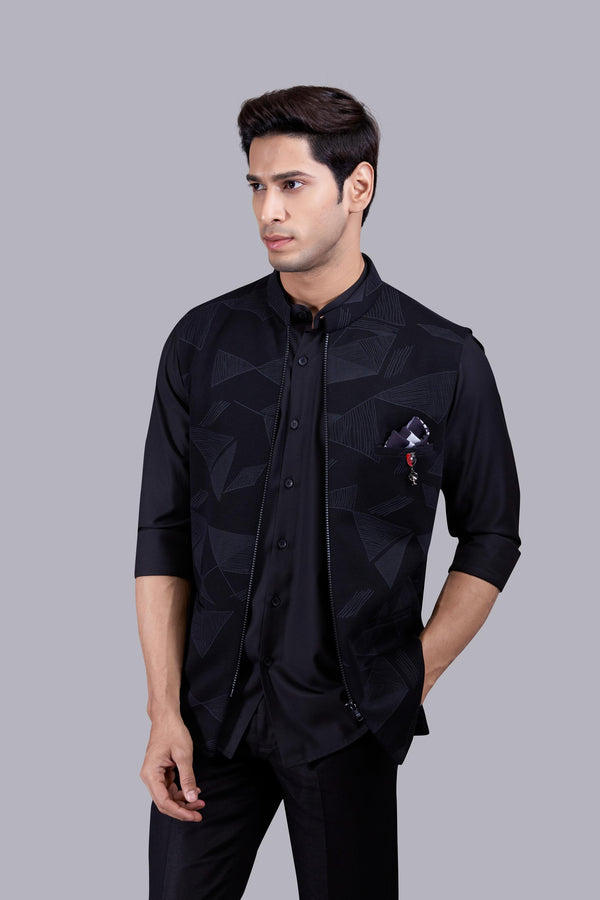 BLACK HOSIERY COTTON DIGITAL PRINT NEHRU JACKET