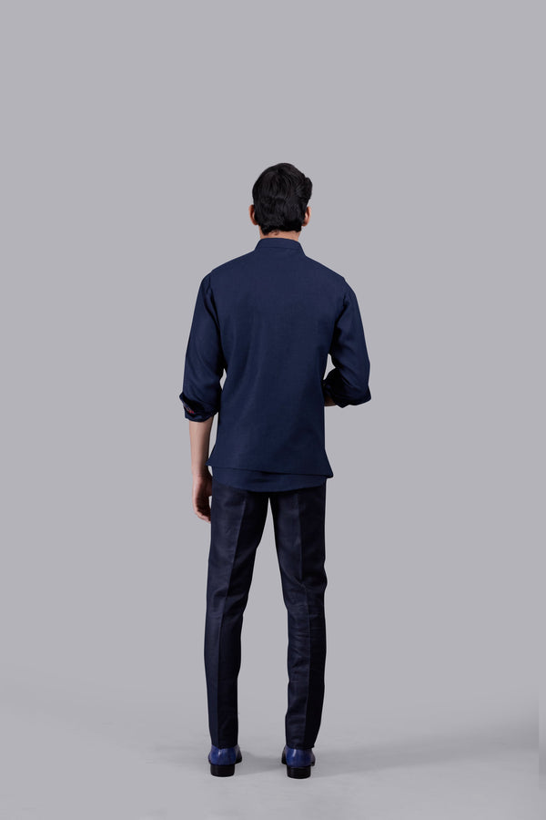 NAVY BLUE LINEN EMBROIDERY WORK NEHRU JACKET