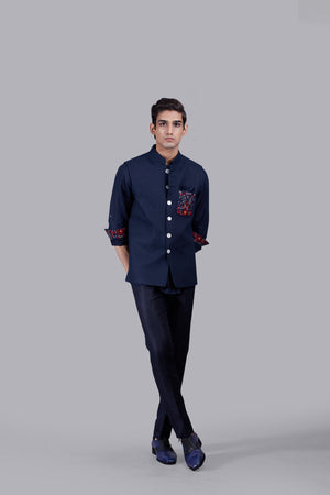 NAVY BLUE LINEN EMBROIDERY WORK NEHRU JACKET